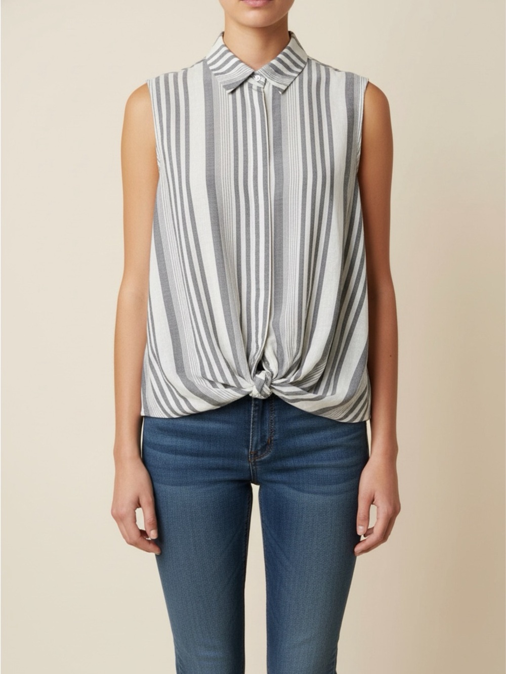Sleeveless Gray & White Striped Tie-Front Shirt